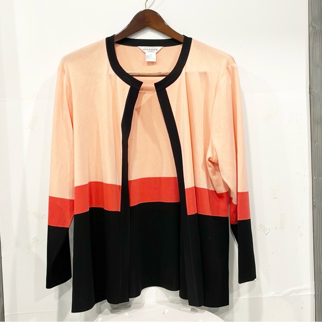 Exclusively Misook Women Sweater 2x Cardigan Knit Color Block Open Front